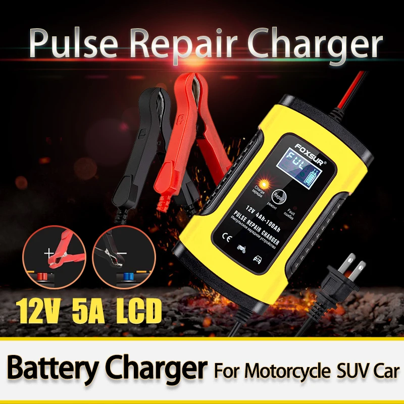 

FOXSUR 12V 5A Automatic Car Battery Charger Power Pulse Repair Chargers Wet Dry Lead Acid Battery Digital for SUV LCD Display