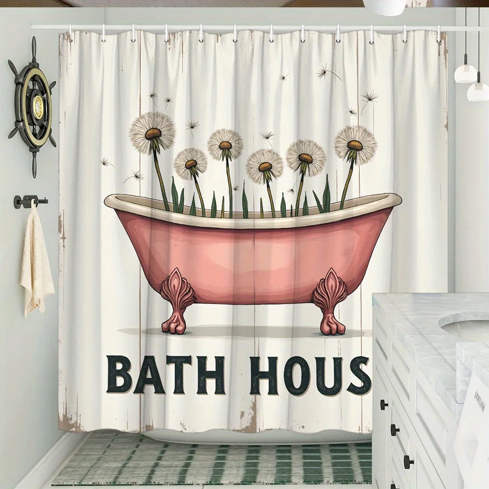 

Занавеска для душа винтажная розовая с одуванчиками и надписью "BATH HOUSE", полиэстер, 70.8x70.8 дюймов, машинная стирка