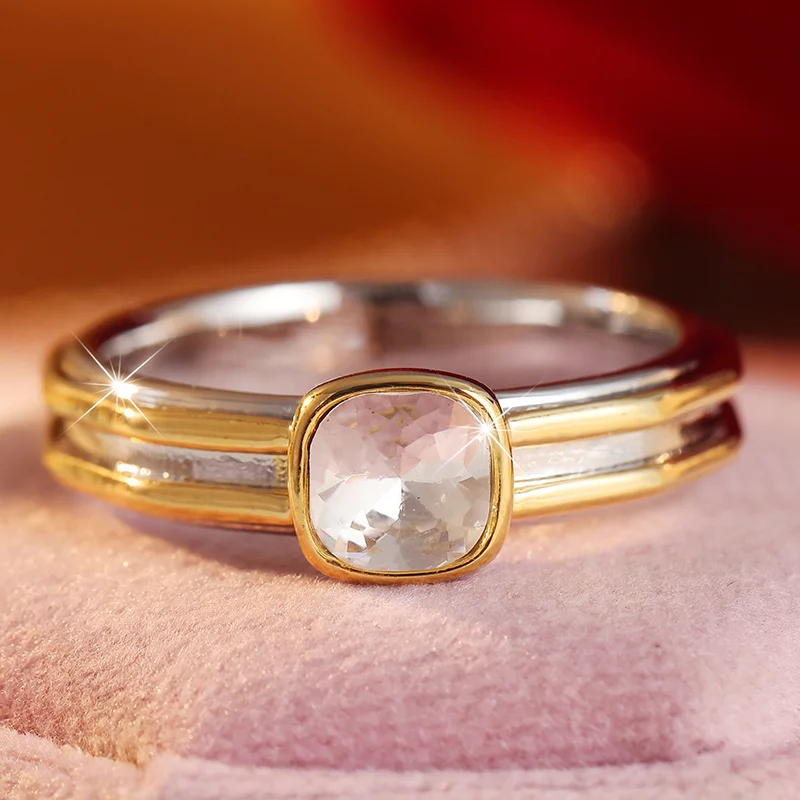 Contrasting Color Inlay Square Zircon Ring For Women Minimalist Double Layer Striped Design Ring Luxury Fashion Jewelry