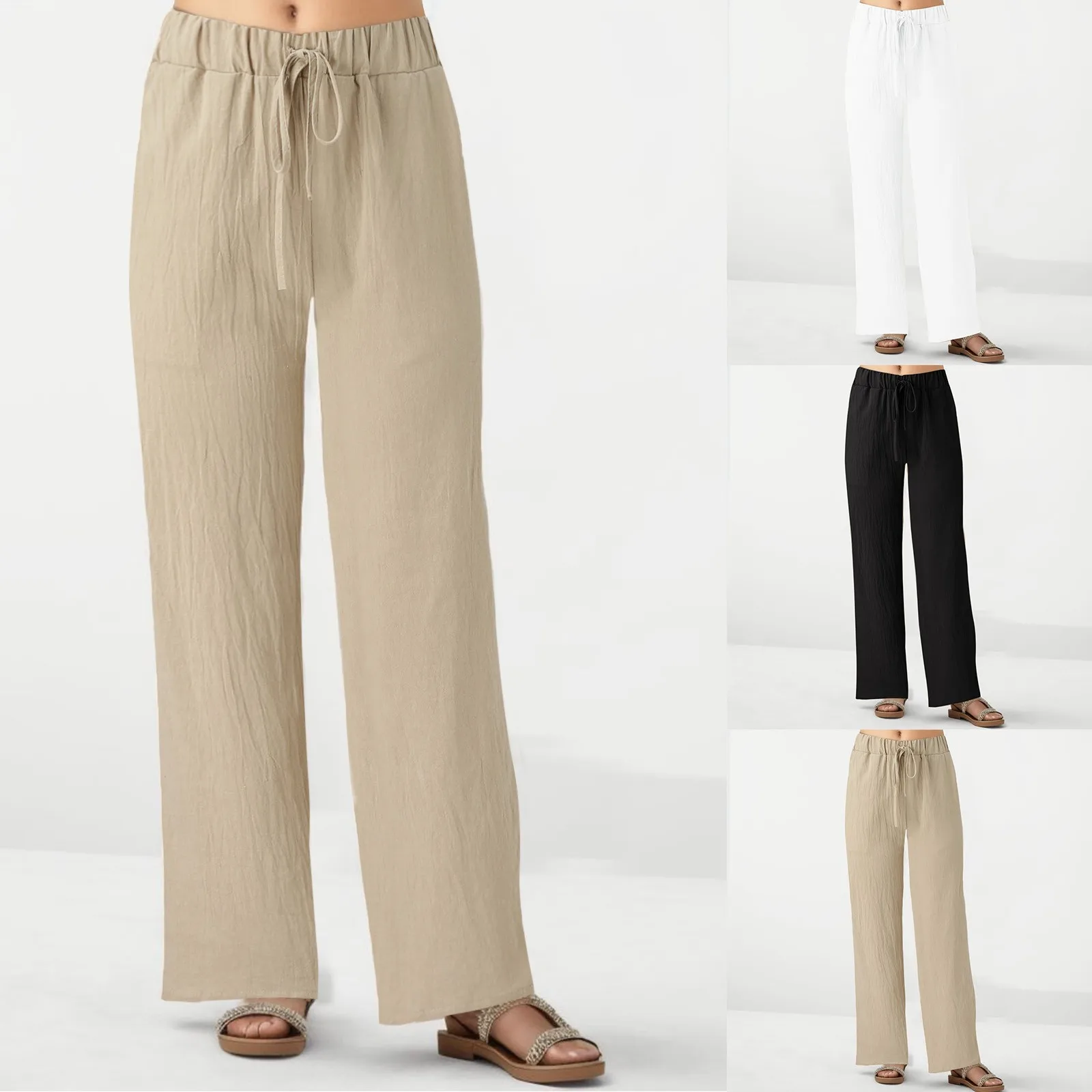 

Cotton Linen Wide Leg Pants For Women Loose Casual Straight Pants Bottom All-Math Plain Pocket Casual Pants Travel Beach Basic