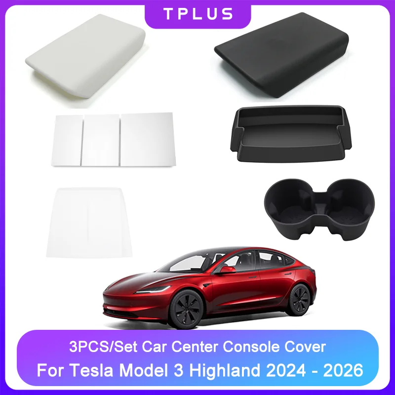 Car Center Console Cover for Tesla Model 3 Highland 2024-2026 Accessories Set Armrest Cover Wireless Charging Pad Cup Holder3PCS