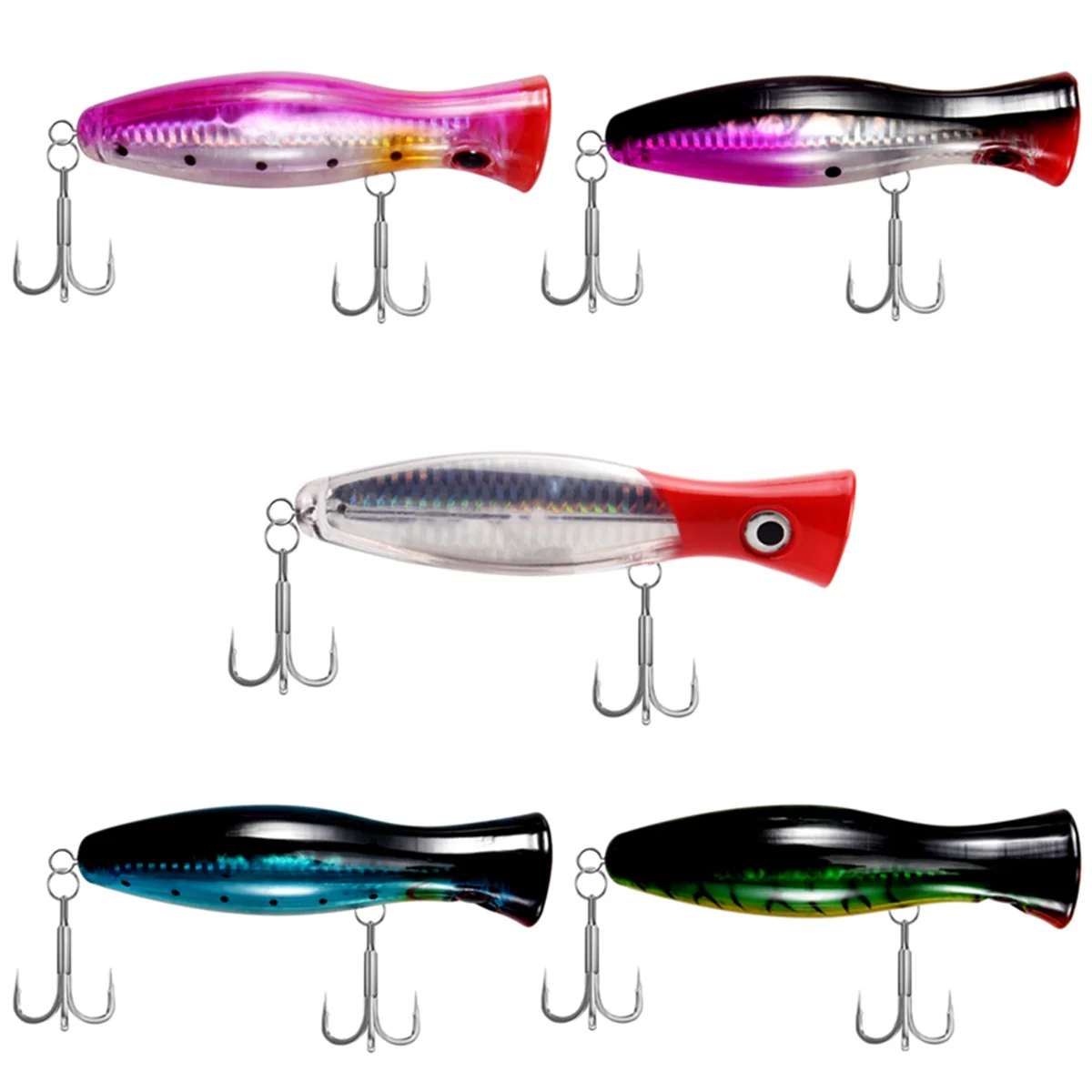 Surface Fishing Lures - Popper - Catching / Spinning Fishing Pack - Sea Fishing - 5 Pieces - 12.5cm and 40 Grams