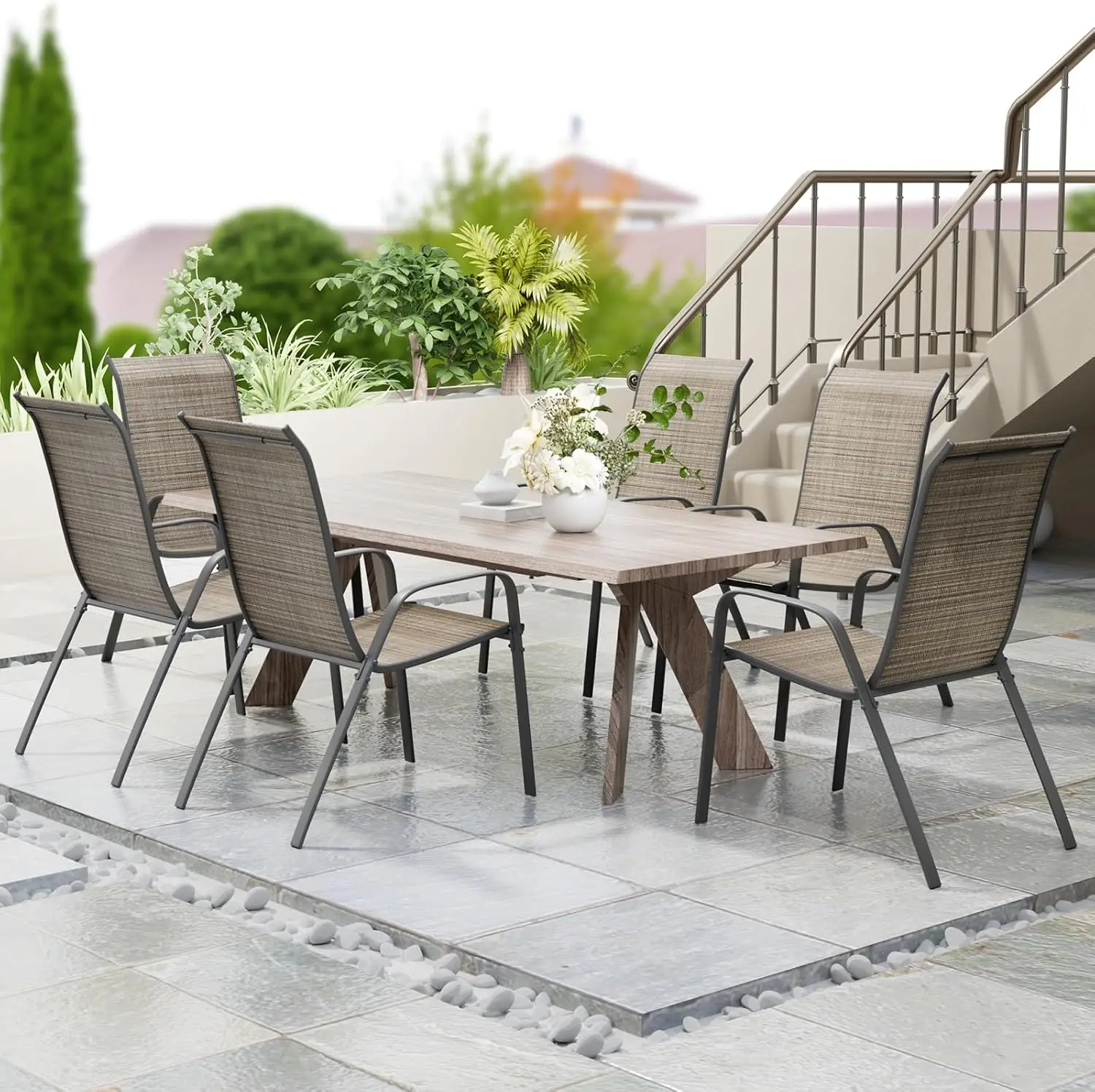 Sedie da giardino da 6 pezzi Sedia da pranzo impilabile per esterni Capacità 150 kg, schienale alto resistente agli agenti atmosferici, metallo antiruggine resistente