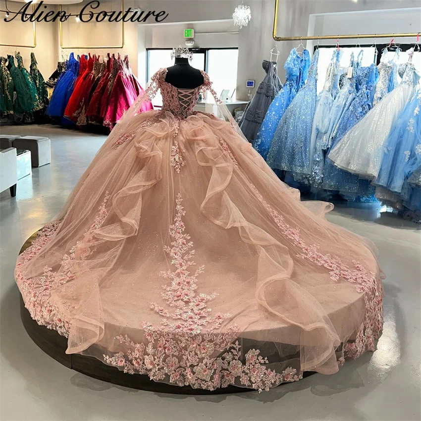

Exquisite Pink Quinceanera Dresses Floral Applique Beads Diamonds Pearls Graduation Gowns Vestidos De 15 Años Customized