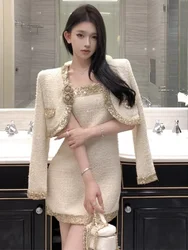 Fashion Elegant Tweed Suit Fall/Winter New Vintage Y2k Rose Flower Sequin Short Coat Top+Sling Dress Slim Fit 2-Piece Set Women