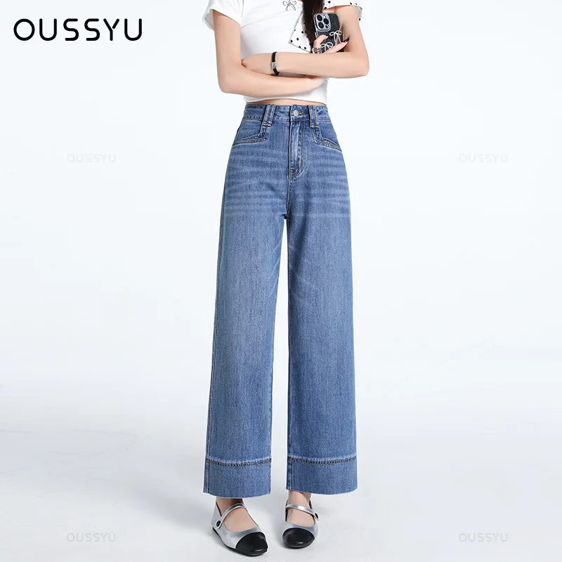 

Осенние женские джинсы из мягкой лиоцелловой ткани, свободные широкие брюки, прямые брюки с высокой талией, модные удобные синие повседневные брюки в стиле ретро