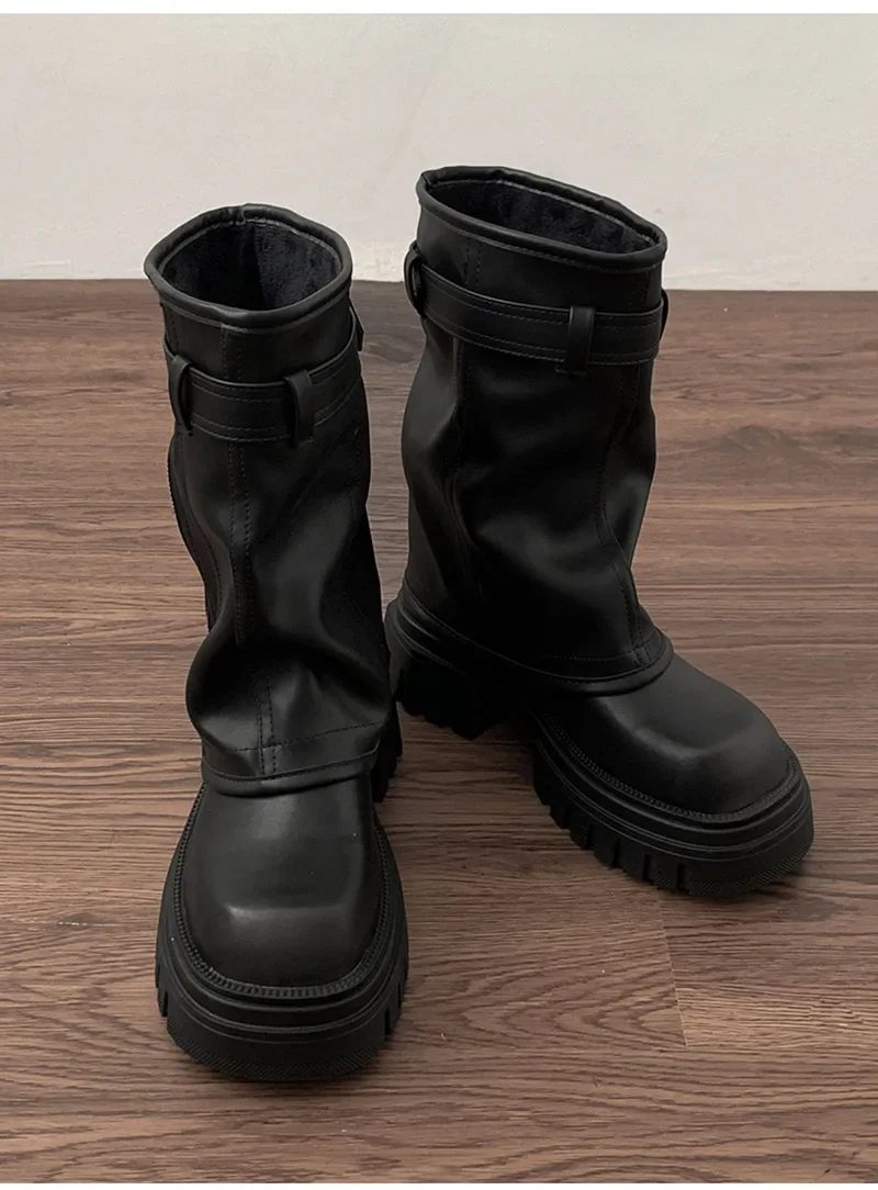 Winter Damen Biker Stiefel Mode Gürtelschnalle Elegante Plateau Flache Kurze Stiefeletten Lässige Damen Ritterstiefeletten – Detail 15