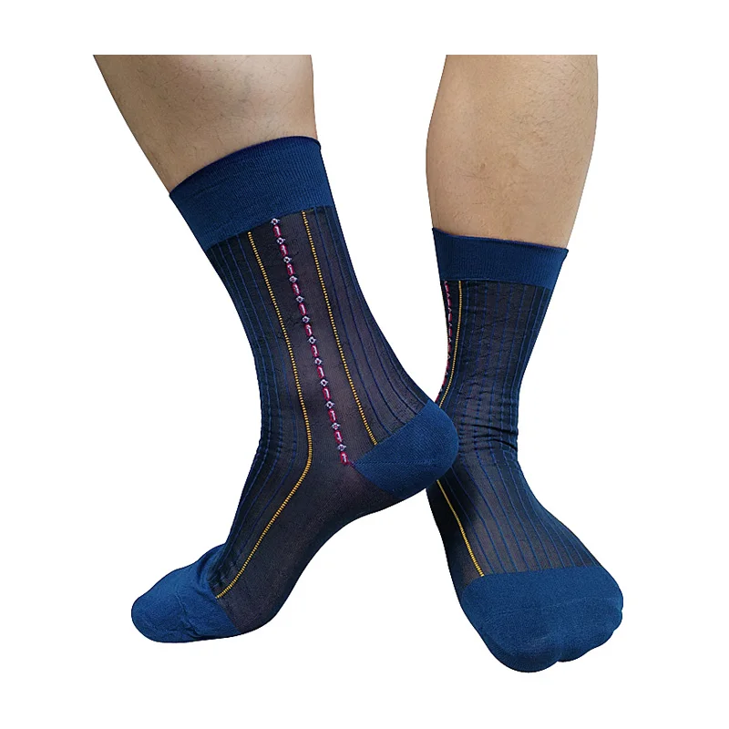 Striped Mens Dress Socks Sexy See Through Formal Socks Clubwear Stocking Thin Sheer Nylon Vintage Male Socks Navy