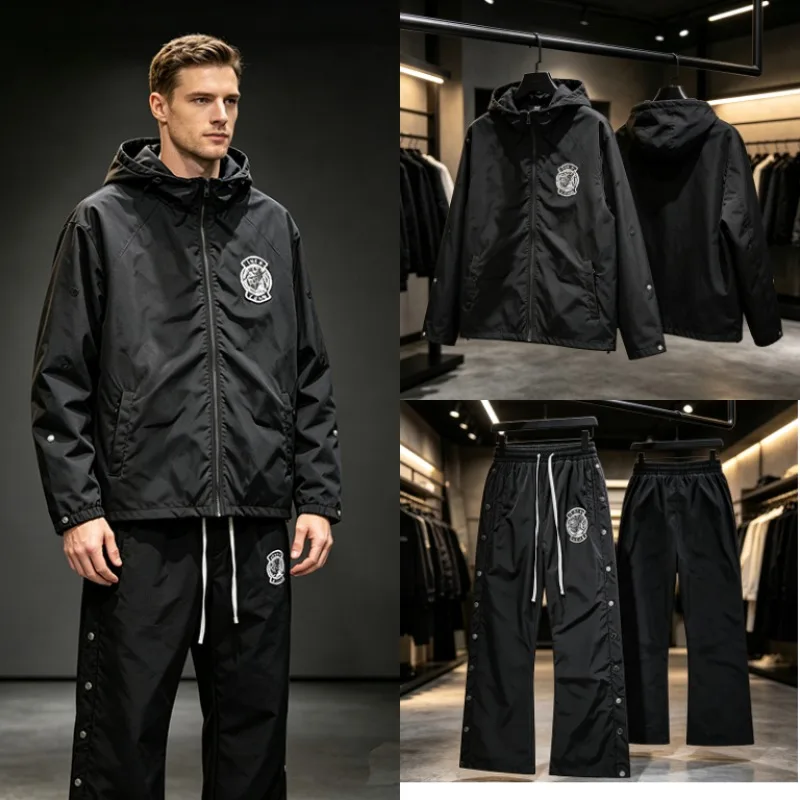 New Arrival SAINT Unisex Street Hooded Jacket Full Zip Badge Patch Decor Sleeve Snap Buttons Loose Casual Windbreaker Coat