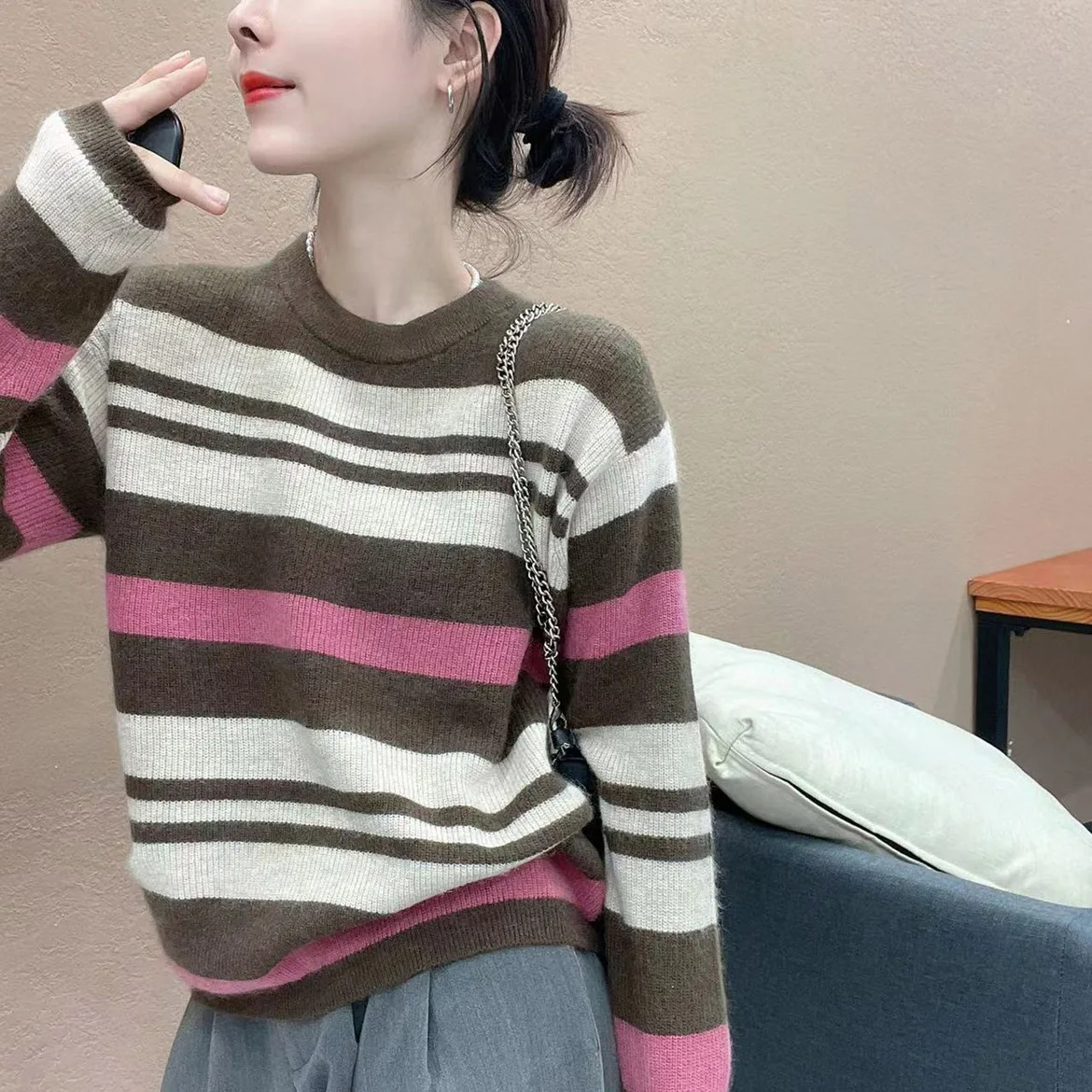 

2024 Autumn Winter Women Pullover Sweater Fashion O-neck Knitted Female Jumper Long Sleeve Winter Soft Elastic Tops Stirped R294