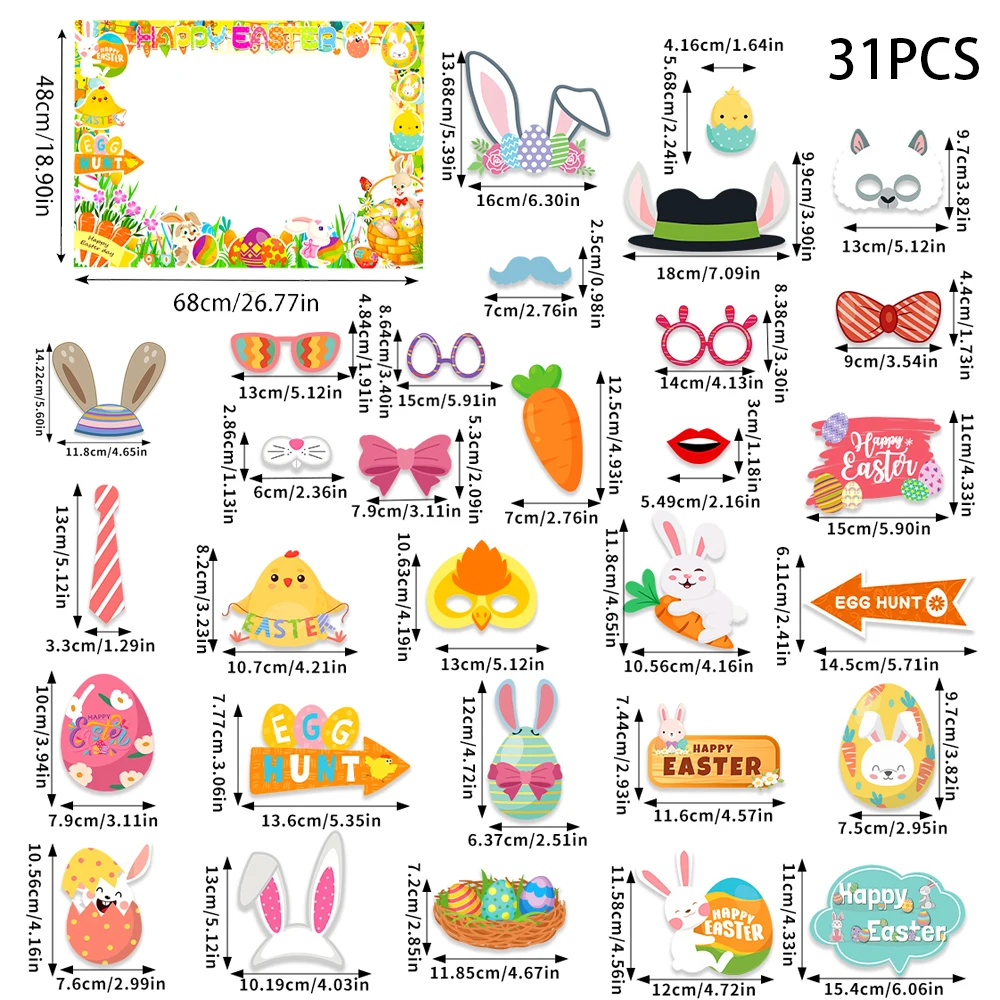 1set Easter Paper Photo Booth Props Funny Bunny Eggs Photo Frame Selfie Props Kit for Kids Happy Easter Party Favors Decorations