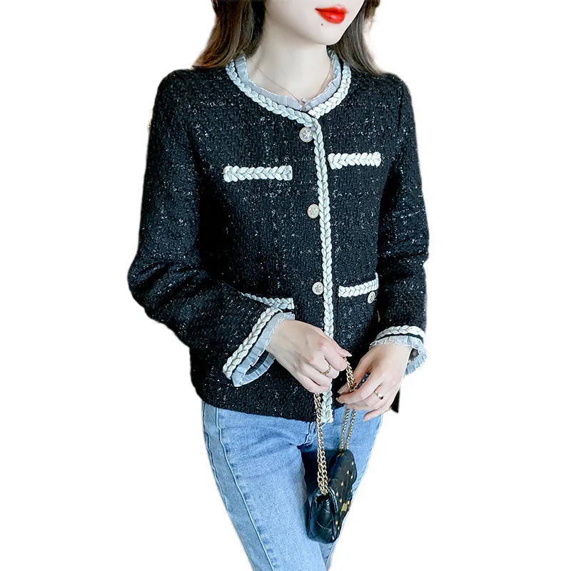 

Women's black lace patchwork small fragrant short jacket 2024 new spring and autumn season woven belt top