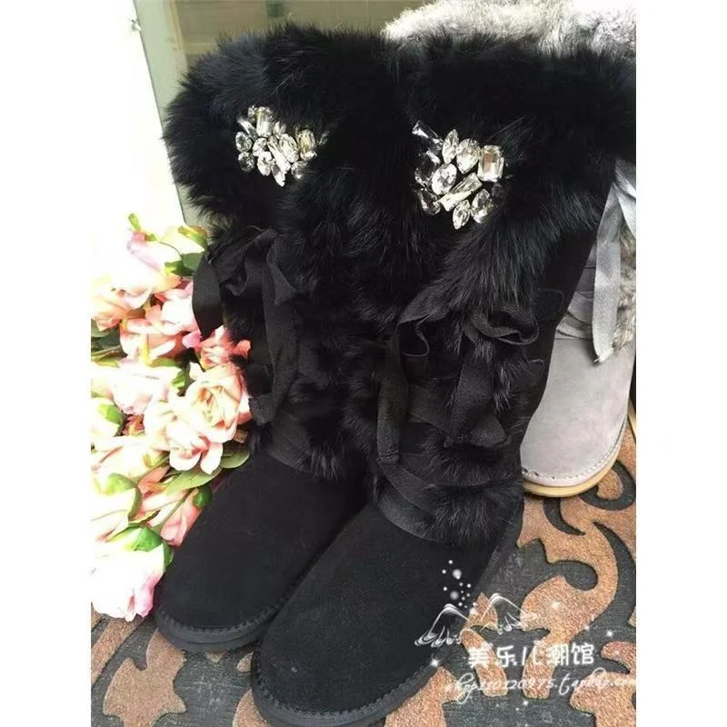 Creative Rex rabbit fur one Snow boots Leather heavy drill accessories Flat high strap knee-high women's cotton shoes 34-40