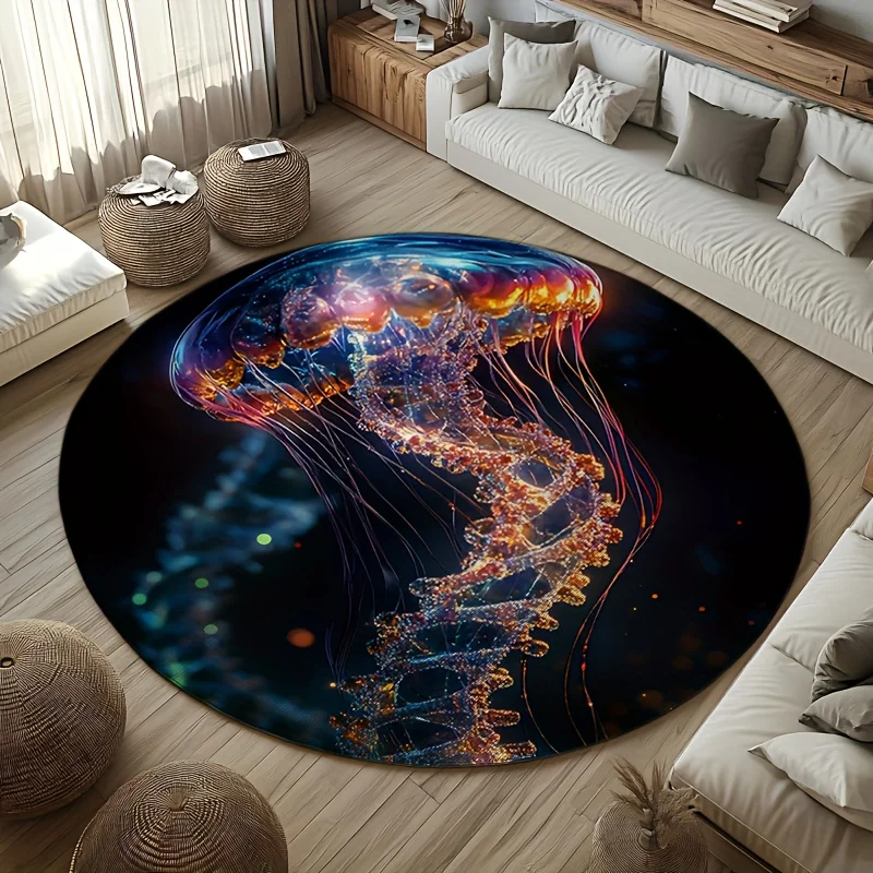 Flannel Printed Neon Jellyfish Round Rug Indoor Carpet for Living Room Bedroom Anti Slip Soft Floor Mat Fantasy Theme Home