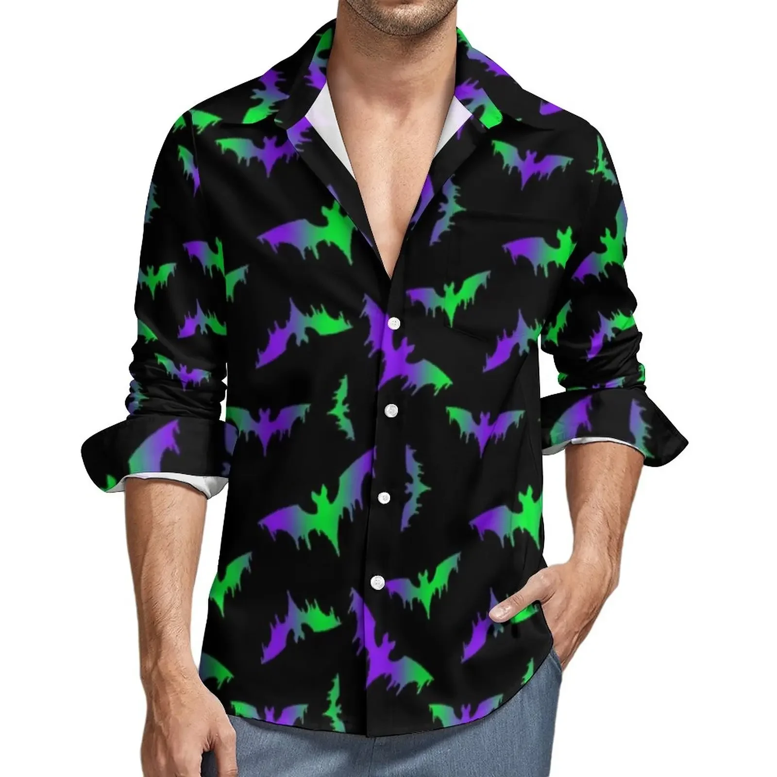 Retro pipistrelli bianchi camicia con stampa 3D uomo divertente animale risvolto camicie casual camicette grafiche autunnali manica lunga abbigliamento oversize top