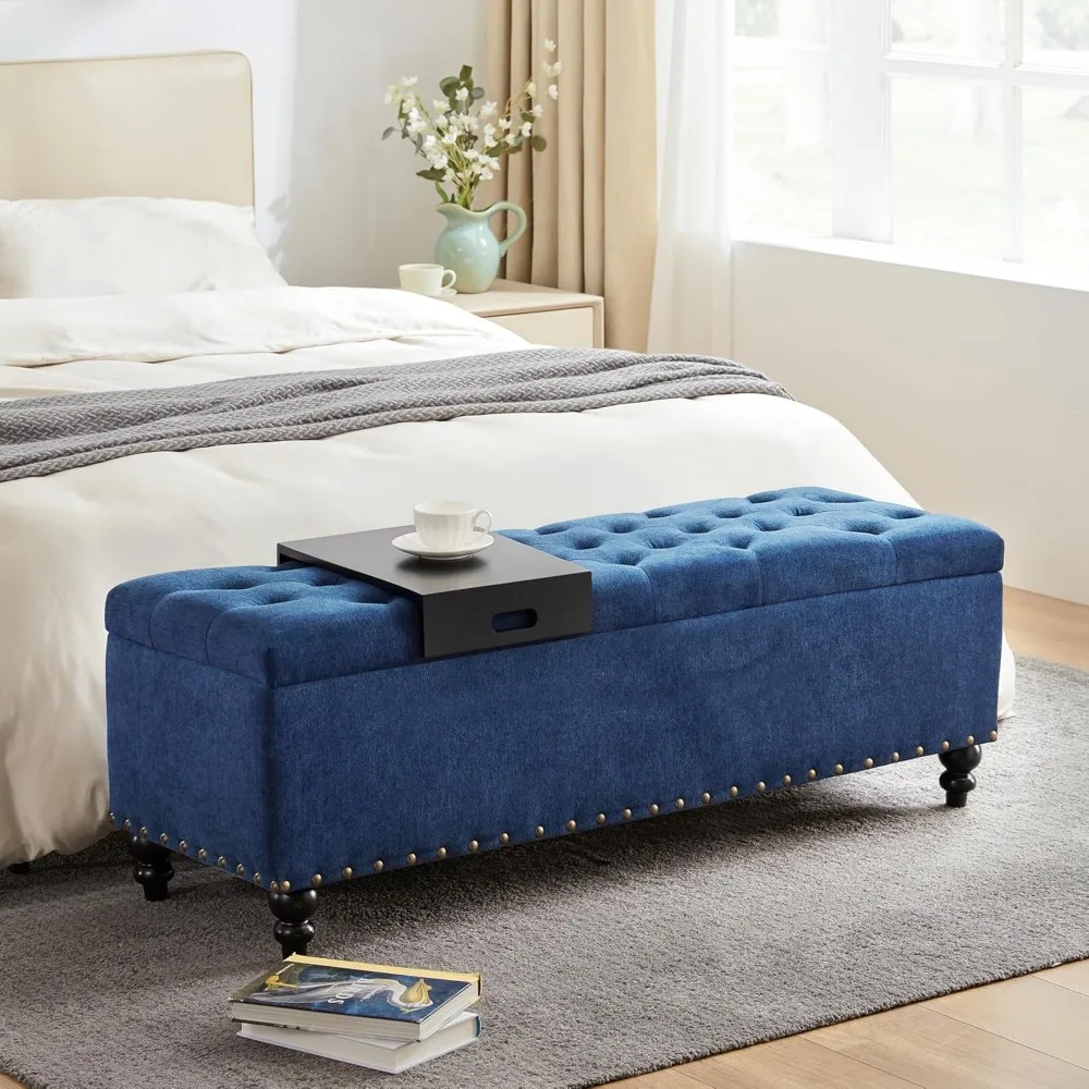 مقعد عثماني للتخزين مقاس 51 بوصة مع صينية قابلة للإزالة، مقعد غرفة نوم مع أزرار معنقدة، مسند بمفصلة أمان في F منجد