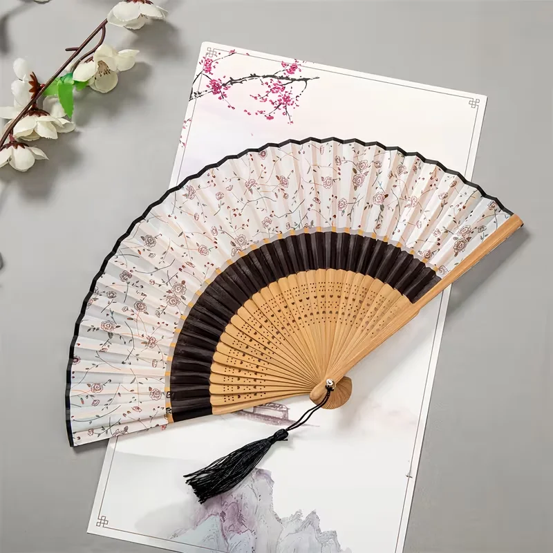 Personalized Custom Logo Text, Laser-Engraved Name and Date, Portable Hanfu Folding Fan with Dual-Section Design, Vintage and Elegant Cheongsam Photo Prop, Dance Folding Fan, Hand-Held Foldable Fan, Cultural Event Accessory, Exquisite Floral Patterns, Traditional Performance Art Fan, Durable Material Decorative Fan, Exclusive for Hanfu Enthusiasts