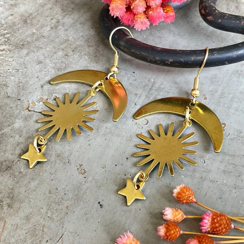 أقراط نحاسية على شكل الشمس والقمر والنجوم الذهبية، هدية على شكل أجسام فلكية، مجوهرات عصرية بأسلوب بوهيمي، مشابك أذن من النحاس... #3