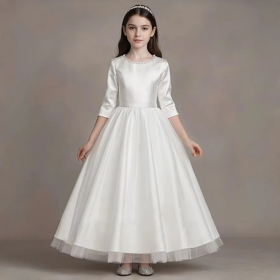 White Satin Tulle Communion Princess Dress Pearl Round Neck 3/4 Sleeve Flower Girls Dress Host Performance Formal Evening Gown