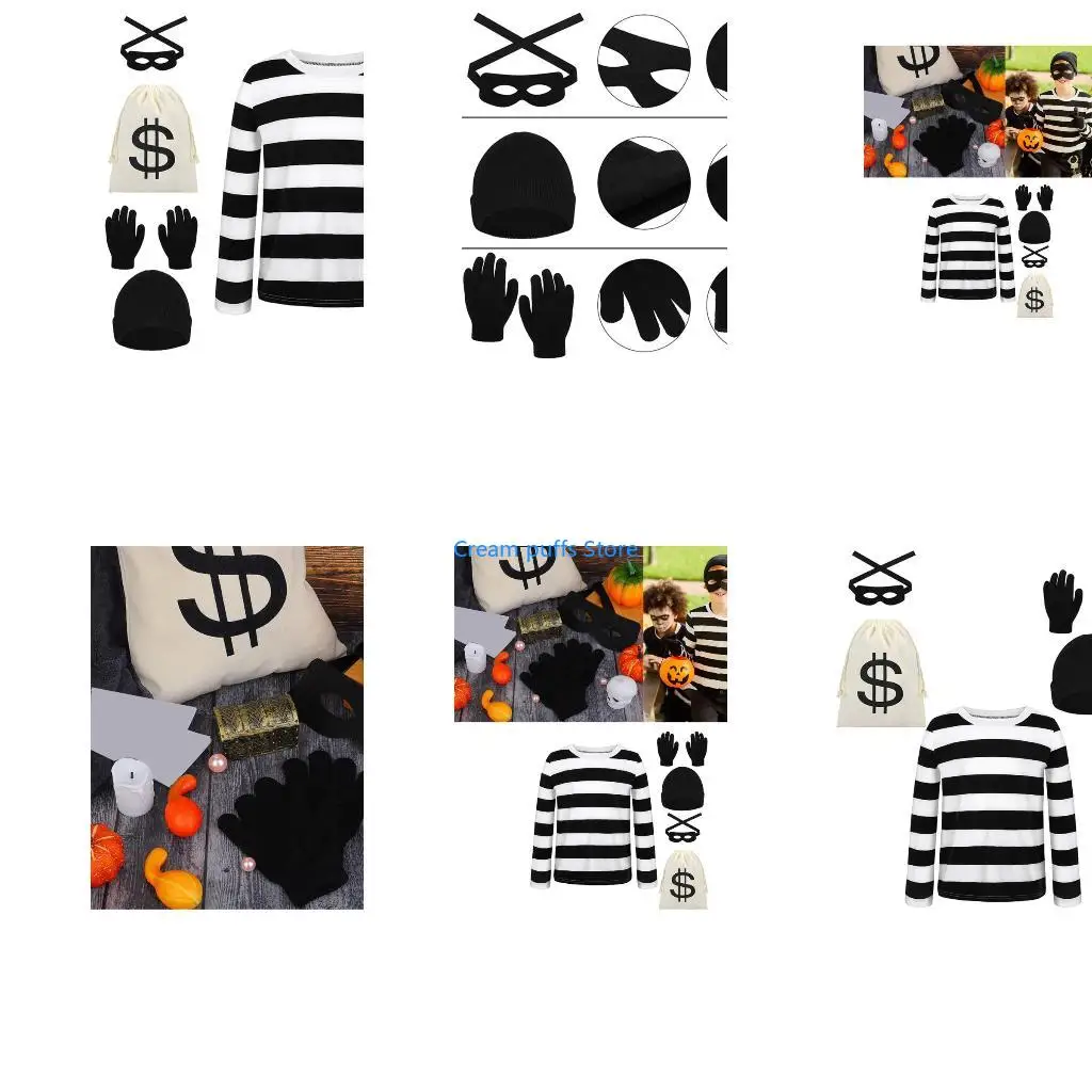 50LE Robber Costume Set T-shirt Caps Money Bag Eye Mask Gloves for Halloween Cosplay Theme Party Thief Costume