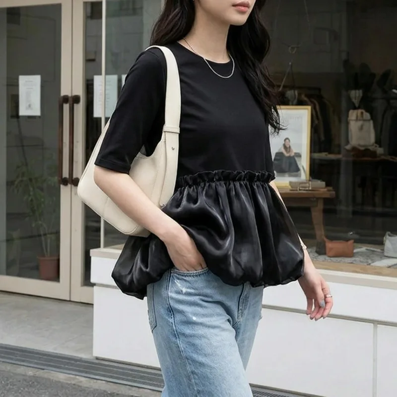Summary Of The New Style: Patchwork Satin Short-sleeve Shirt With A Gentle Style, Waist-cinching Pleated Bubble Hem, And Base Sh