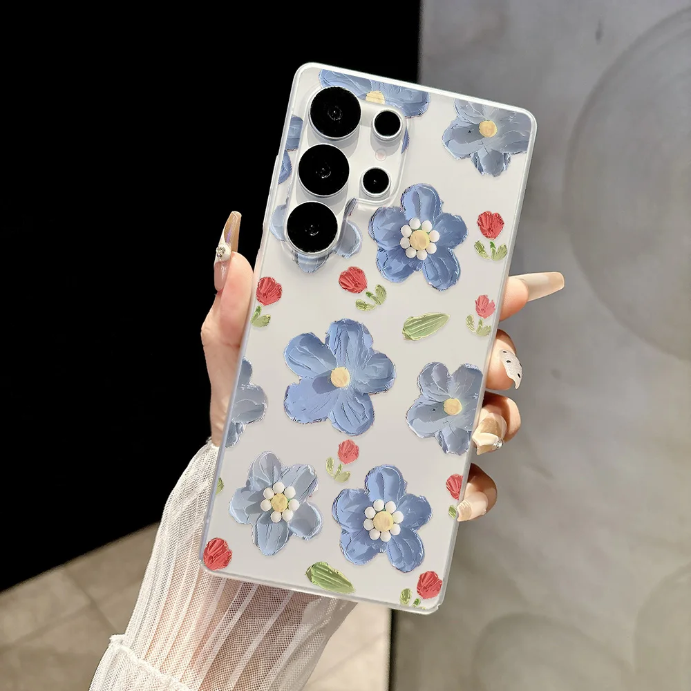 Matte White Clear Phone Case for Samsung Galaxy S26 S25 Ultra S24 FE A57 5G A07 A06 A15 4G Cases Oil-painting style blue flowers