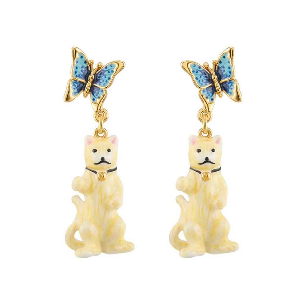 

2026 New Year Hand-painted Enamel Cat Charms Blue Butterfly Earrings Niche Design Cute Animal Exquisite Personalized Earrings