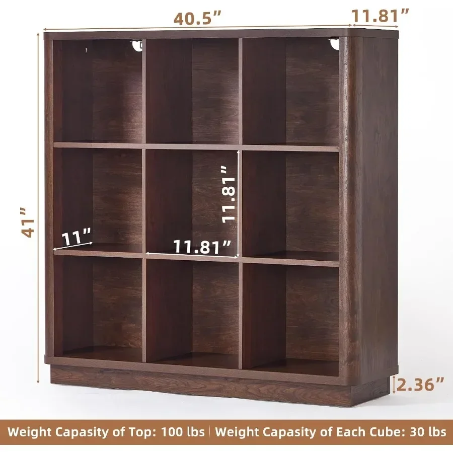 Living room and home office bookshelf: walnut wood 9-cube organizer with curved edge, 40.5 wide floor-standing 3-tier cubby she view 3