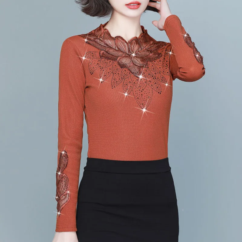 2023 New Autumn and Winter Elegant and Fashionable Lace Flower Diamond Slim Fit Commuting Plush Overlay Long Sleeve Women\'s Top