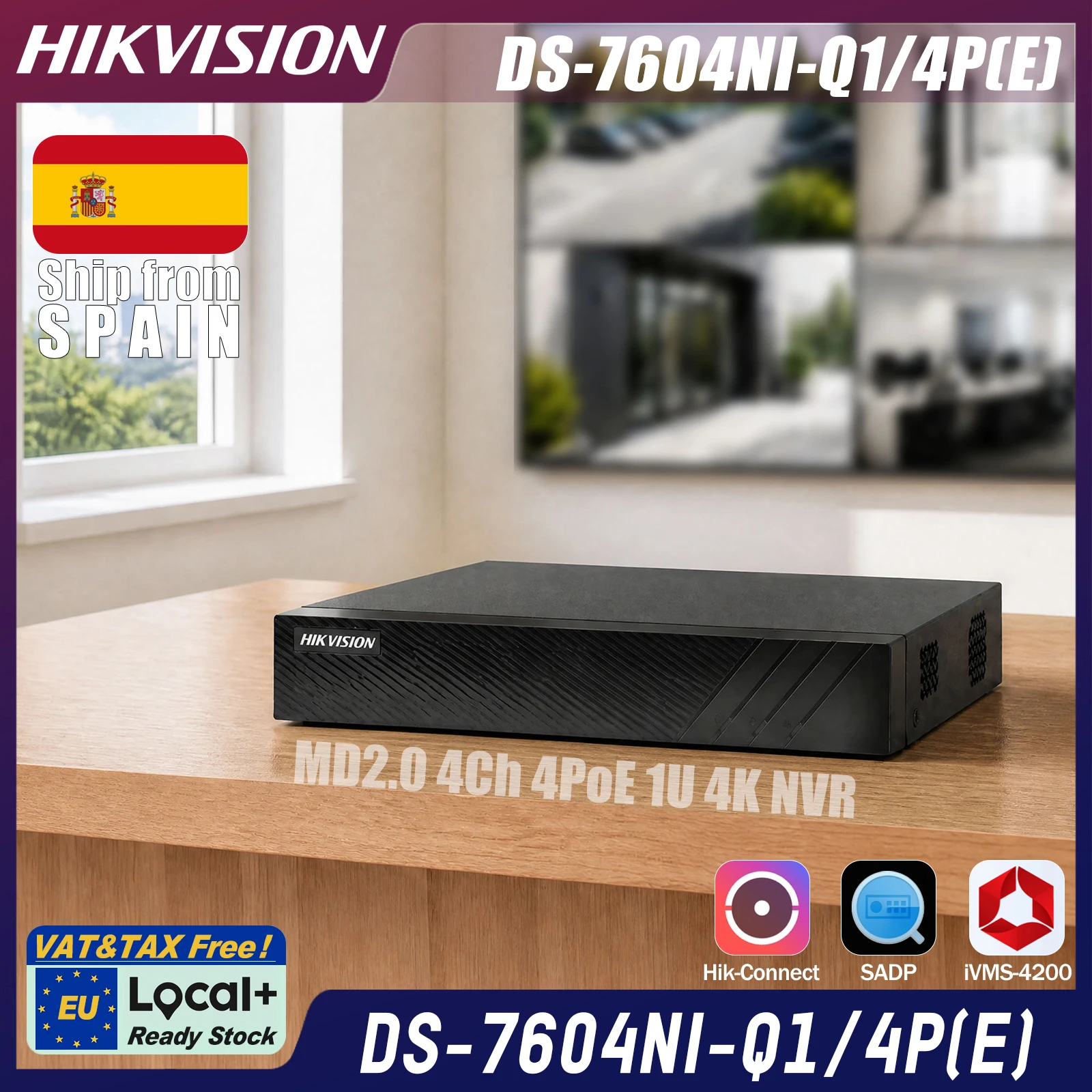 Hikvision DS-7604NI-Q1/4P(E), NVR PoE a 4 canali, 4K, 1U, 4 porte PoE fino a 50 W, velocità di trasmissione dati in entrata di 40 Mbps, H.265+, 1 porta SATA fino a 8 TB, uscita HDMI 4K e VGA 1080p,