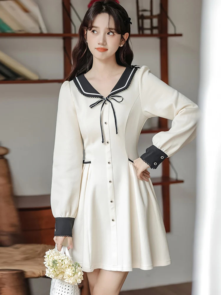 

2024 White Long Sleeve Elegant Bow Doll Collar Mini Dress Women Fashion Preppy Style Dress Autumn Winter Korean Chic Party Dress