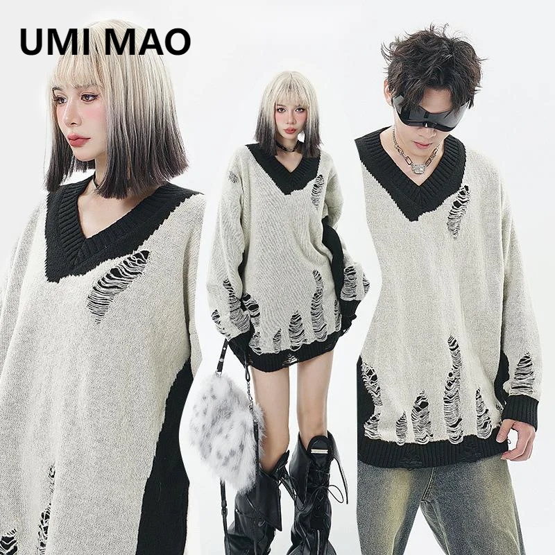 UMI MAO Color Blocked Crochet Hollowed Out Top Ripped Hole Street Trend Retro Loose Round Neck Sweater Couple Knit Sweater Women