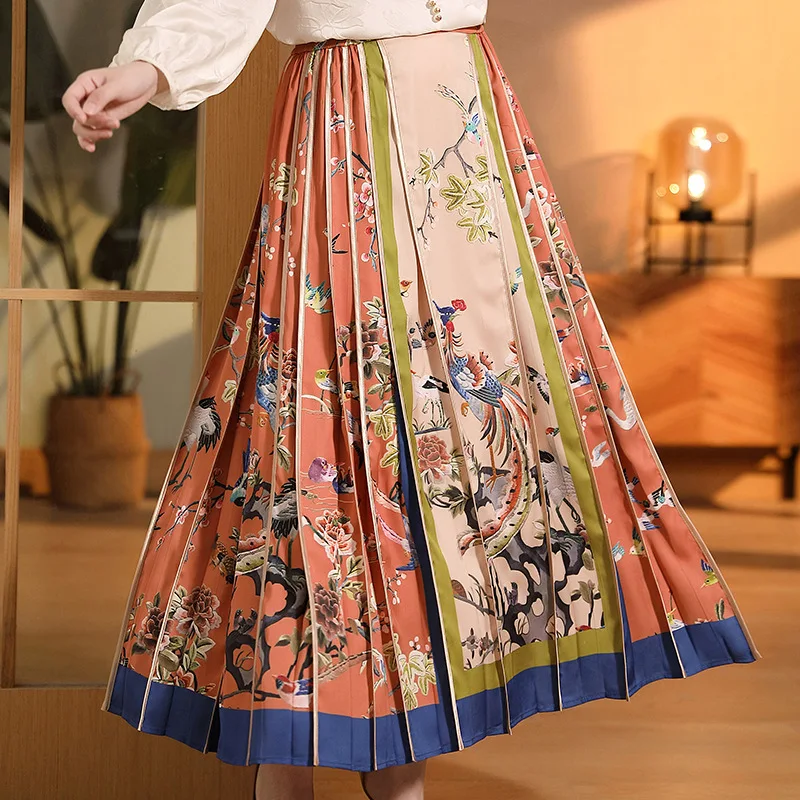 Chinese Style Retro Phoenix Printed Long Skirt Autumn And Winter 2022 High-End Elastic Waist Pleated Women's Skirt  S-XXL