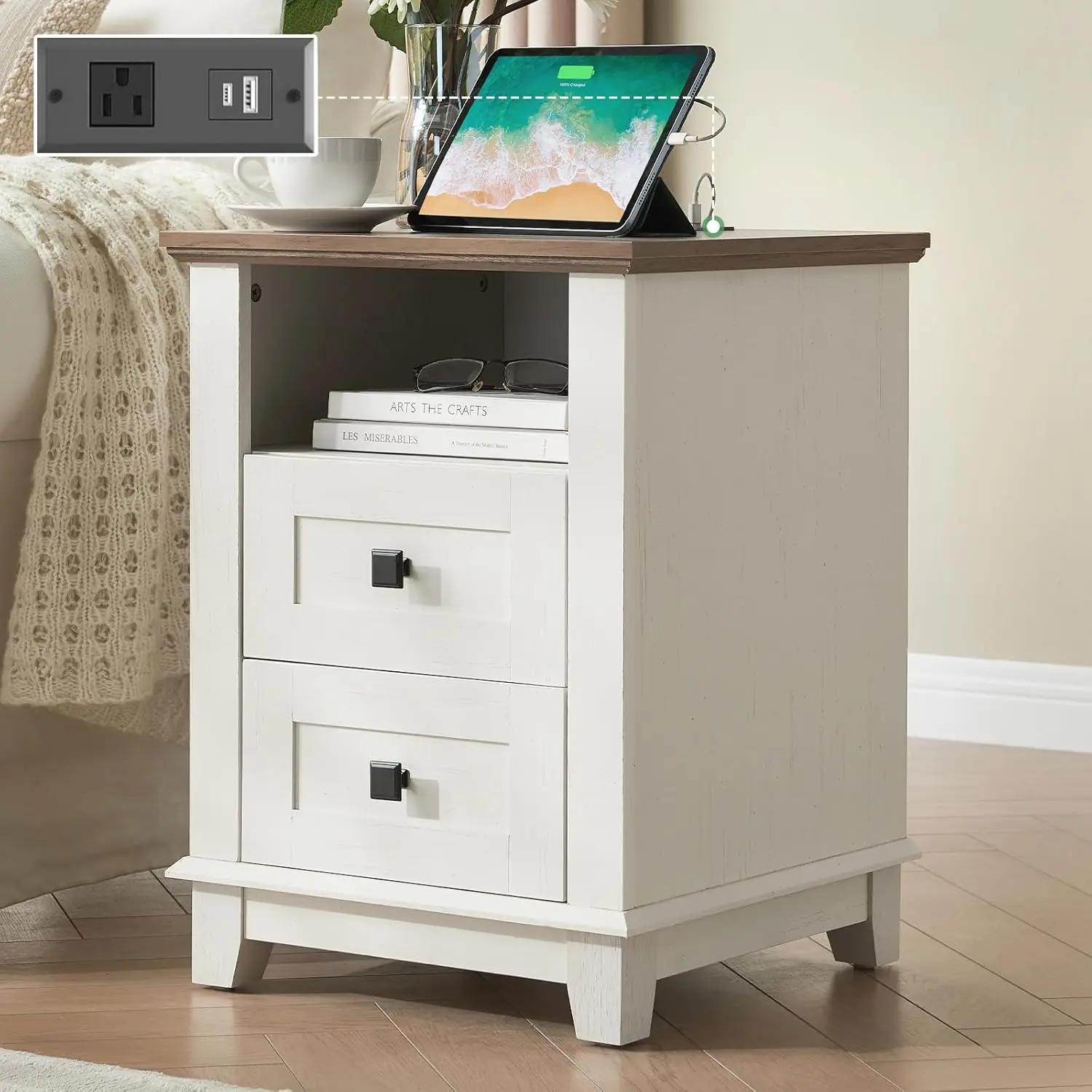 

AMERLIFE 18" Farmhouse End Table, Nightstand with Charging Station, with 2 Storage Drawers, Bedside Table with USB Ports