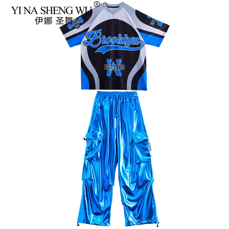 Kids Street Dance Jazz Performance Costumes Girls Hip Hop Summer Fashion Blue Short Sleeve T-Shirt Boys Catwalk Stage Pants Suit