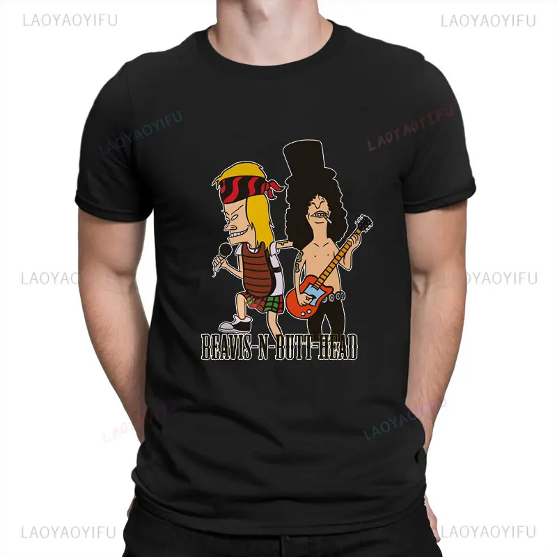 Camiseta de manga curta de hip-hop masculina, calada, estampa de castanho e butthead, desenho animado sarcástico engraçado, tops de algodão fashion, camiseta masculina