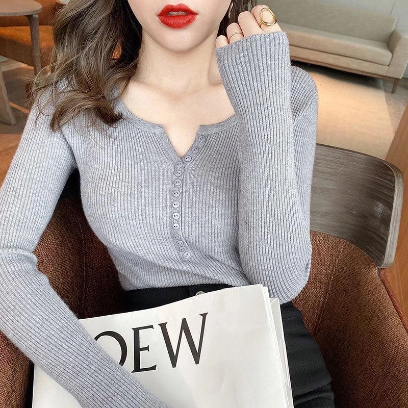 Women Sexy V Neck Long Sleeve Knitted Cardigan Sweater Fashion Solid Stretch Tops Thin Button Up Pullovers Bottoming Sweater