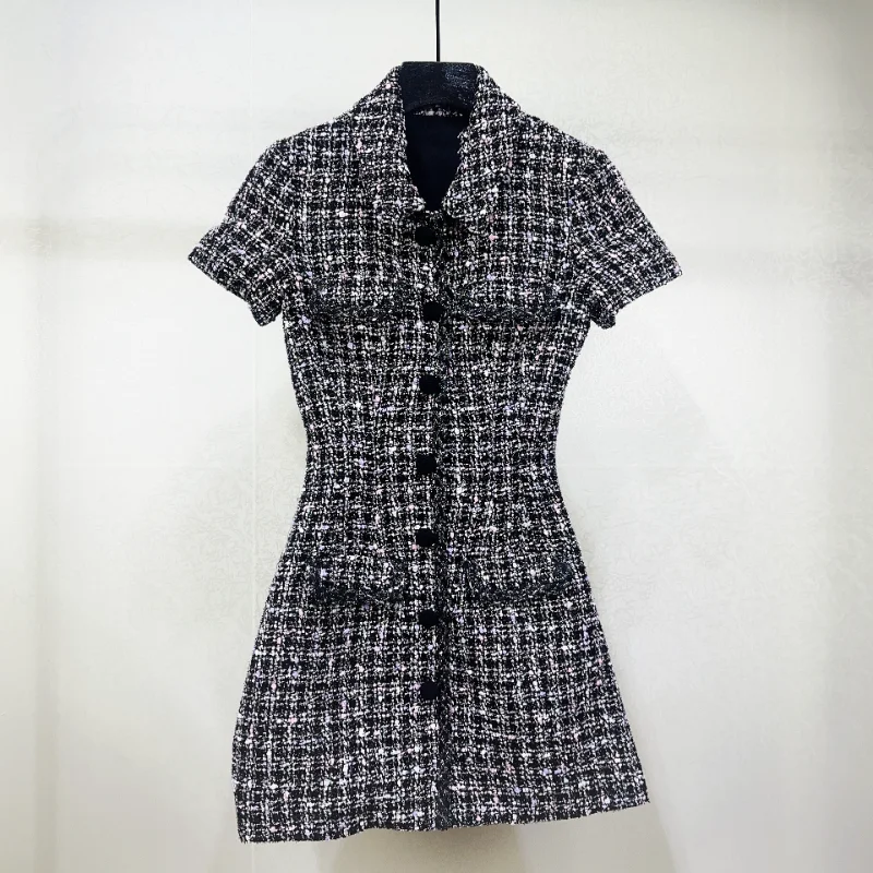 

Women High Quality Lapel Tweed Dress Short Sleeve Backless Sexy Casual Fashion Elegant Single-breasted French Lady Mini Dress