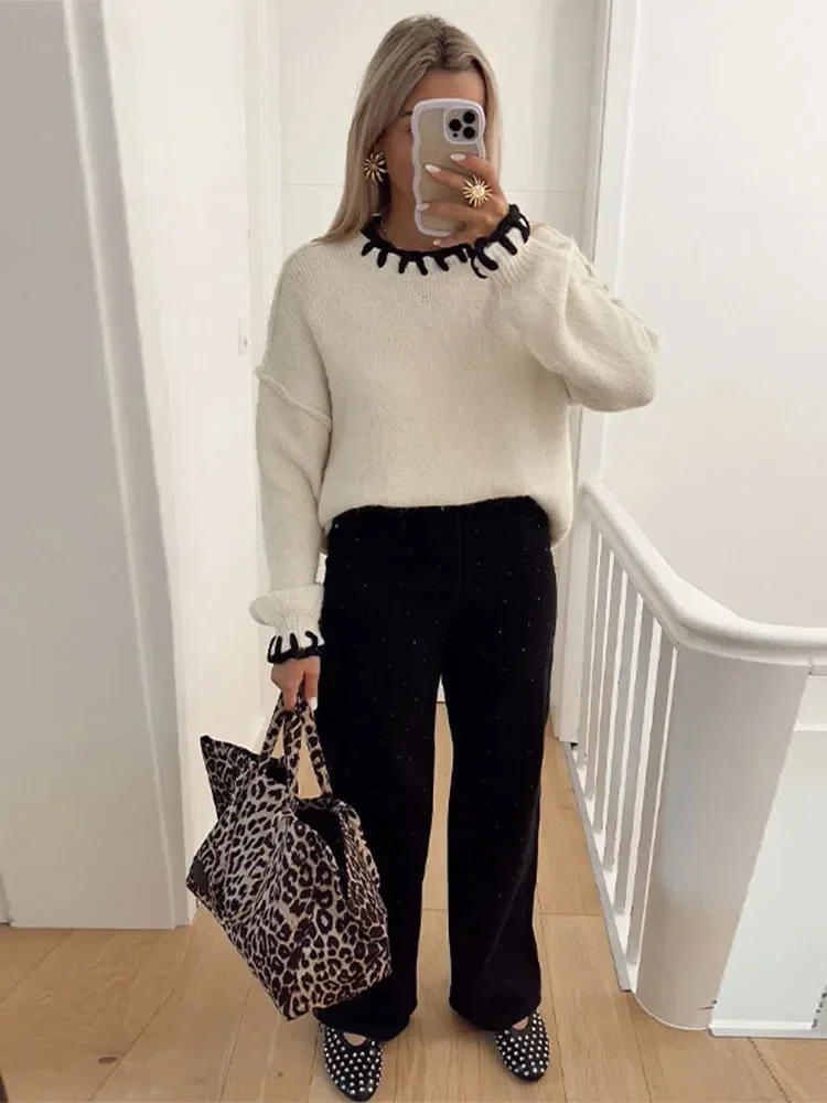 Casual O Neck Contrast Quilted Knitted Pullover Women Fashion Long Sleeve Basic Cashmere Sweater Lady New Daily Leisure Knitwear