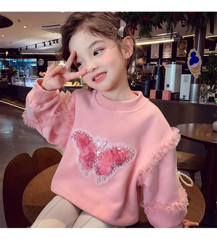 Herbst Kinder Mädchen Sweatshirts Schwestern Partnerlook Baumwollkleidung Pailletten Schmetterling Rüschenbesatz Langarm Rundhals Pullover Tops – Detail 4