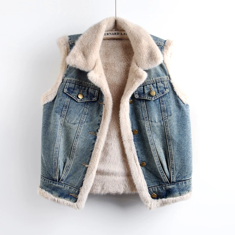 

Winter Thick Warm Lambswool Denim Vest Women Slim Short Solid Color Cowboy Waistcoat Vintage Sleeveless Jeans Vest Jacket Female