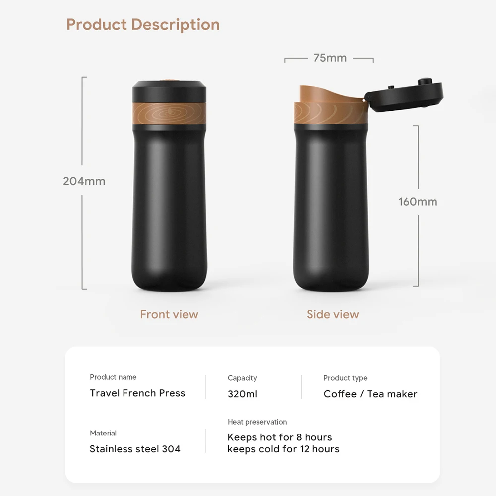 350ML French Press Portable Press Coffee Maker with Coffee Plunger Filter Tarvel Mug Pot Stainless Steel Manual Coffee Grinder