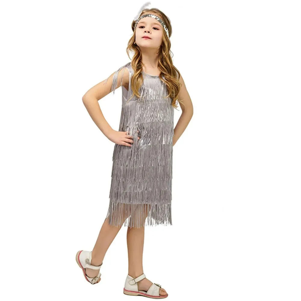 Meisjes Latin Dance Fringe Jurk Kids Flapper Kostuum Jaren 1920 Jazz Kwastje Outfit voor Party Ballroom Prestaties Halloween