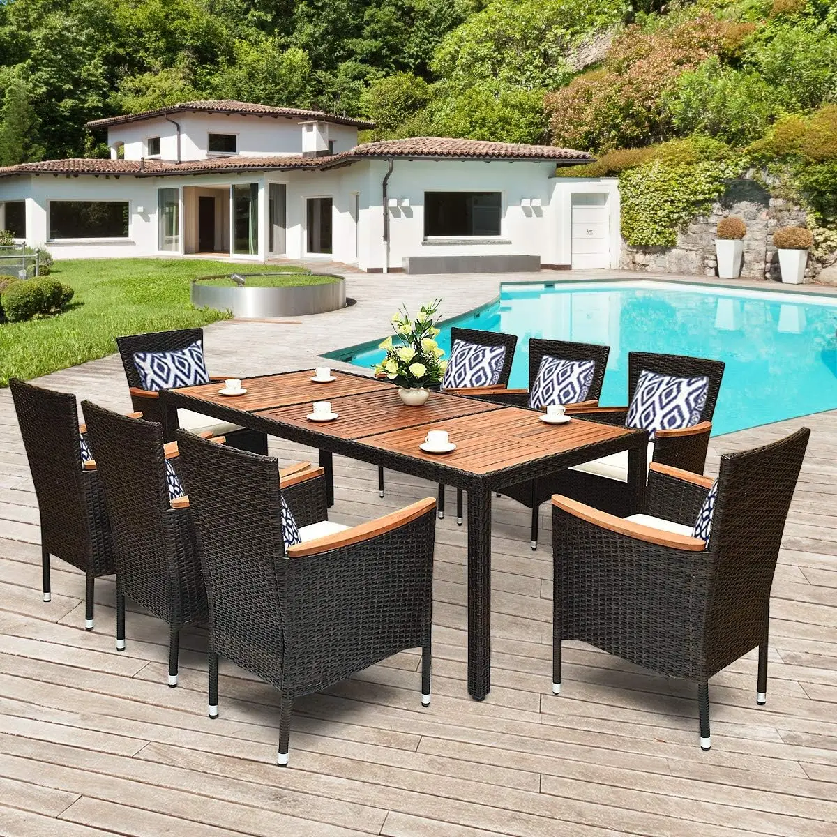 

Tangkula 9 Piece Outdoor Dining Set, Garden Patio Wicker Set w/Cushions, Furniture with Acacia Wood Table and Stackable Armrest