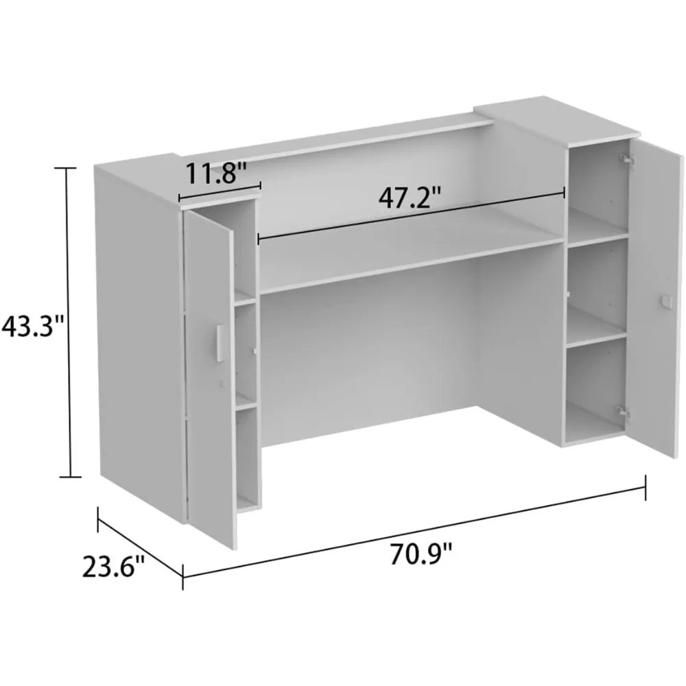 Modern Reception Desk Counter with 2 Lockable Doors & 6 Storage Compartments，White and Brown (70.9”L x 23.6”W x 43.3”H)