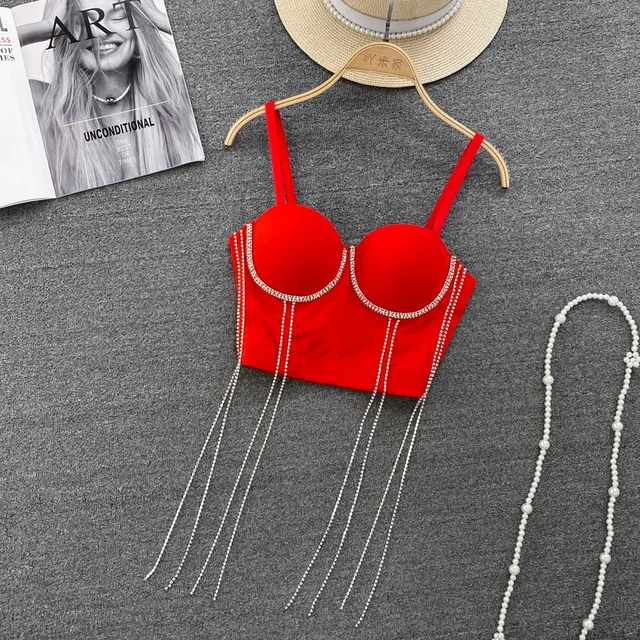 Kobiety eleganckie frędzle podkładki Rhinestone podstawowe gorsetowe paski Camis Slim gorąca, seksowna moda nagi pępek topy z odkrytymi plecami damski krótki Top