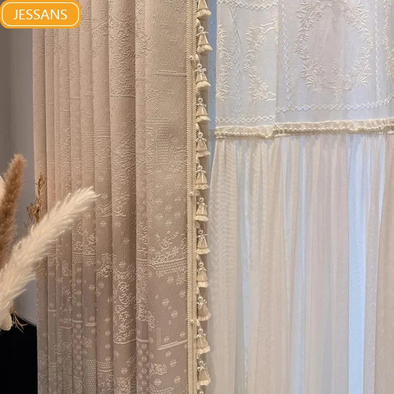 Pink Rose Jacquard Curtains for Living Room Bedroom French Window Customized Window Screen Embroidered Lace Finished Products