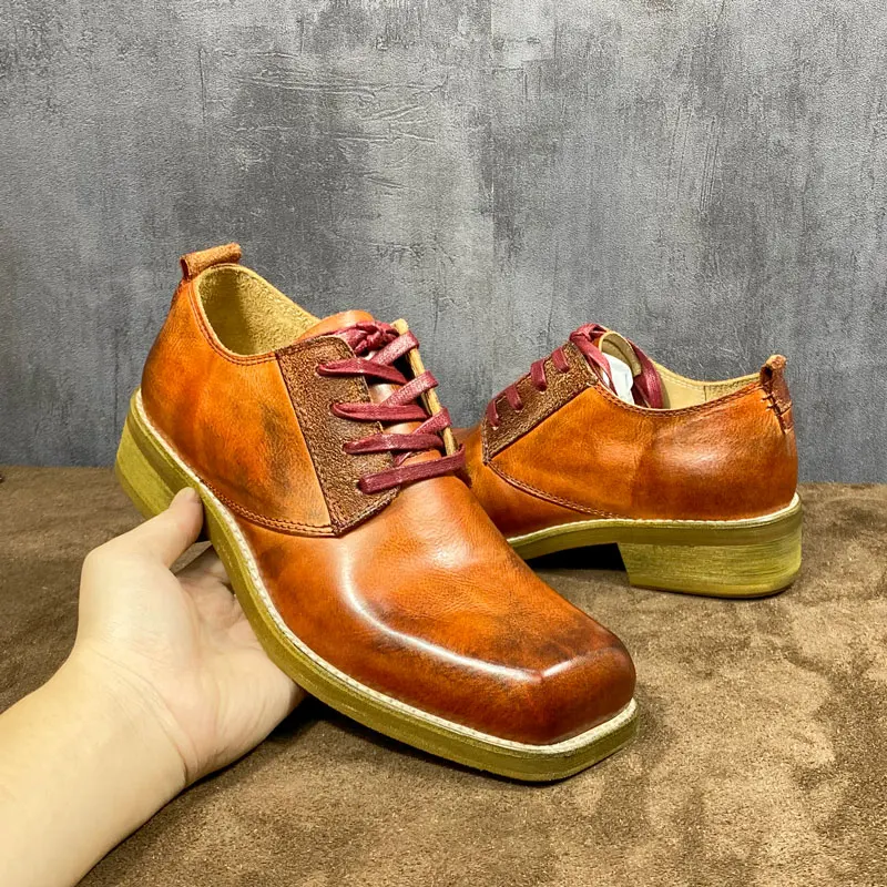 Handcrafted Square Toe Derby Shoes Men Dress Shoes Cow Leather British Retro Business Formal Casual Shoes