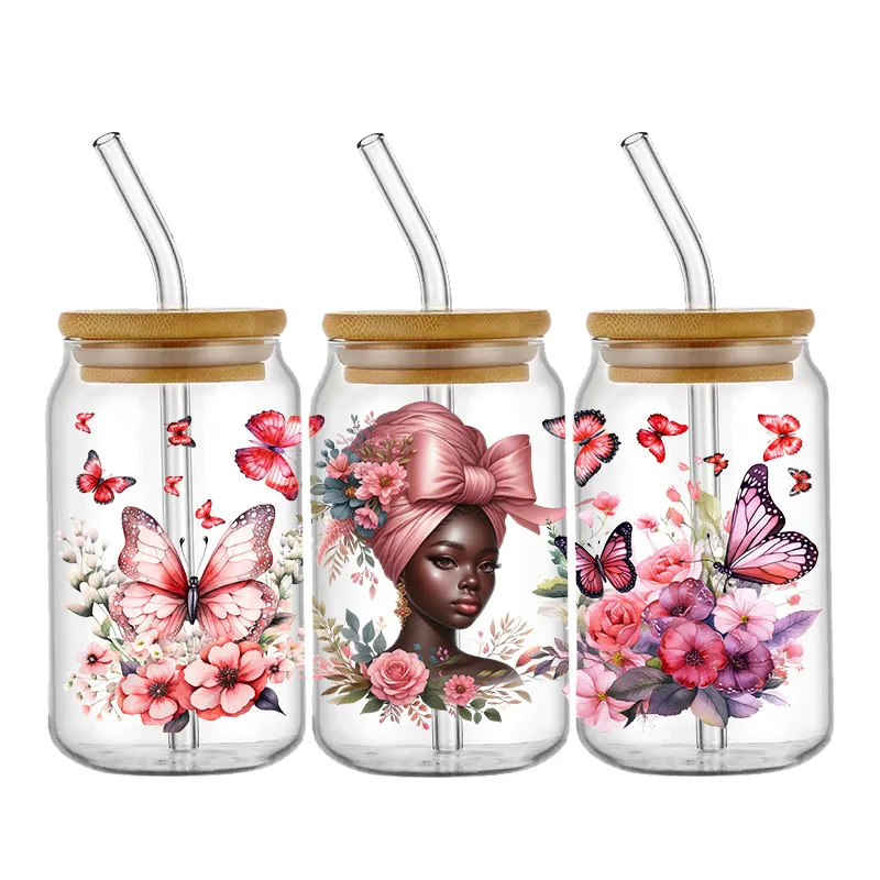 Custom Stickers Butterfly UV DTF Cup Wrap Flowers Transfers Stickers DIY Labels Selfadhesive Waterproof For 16OZ Glass Libbey