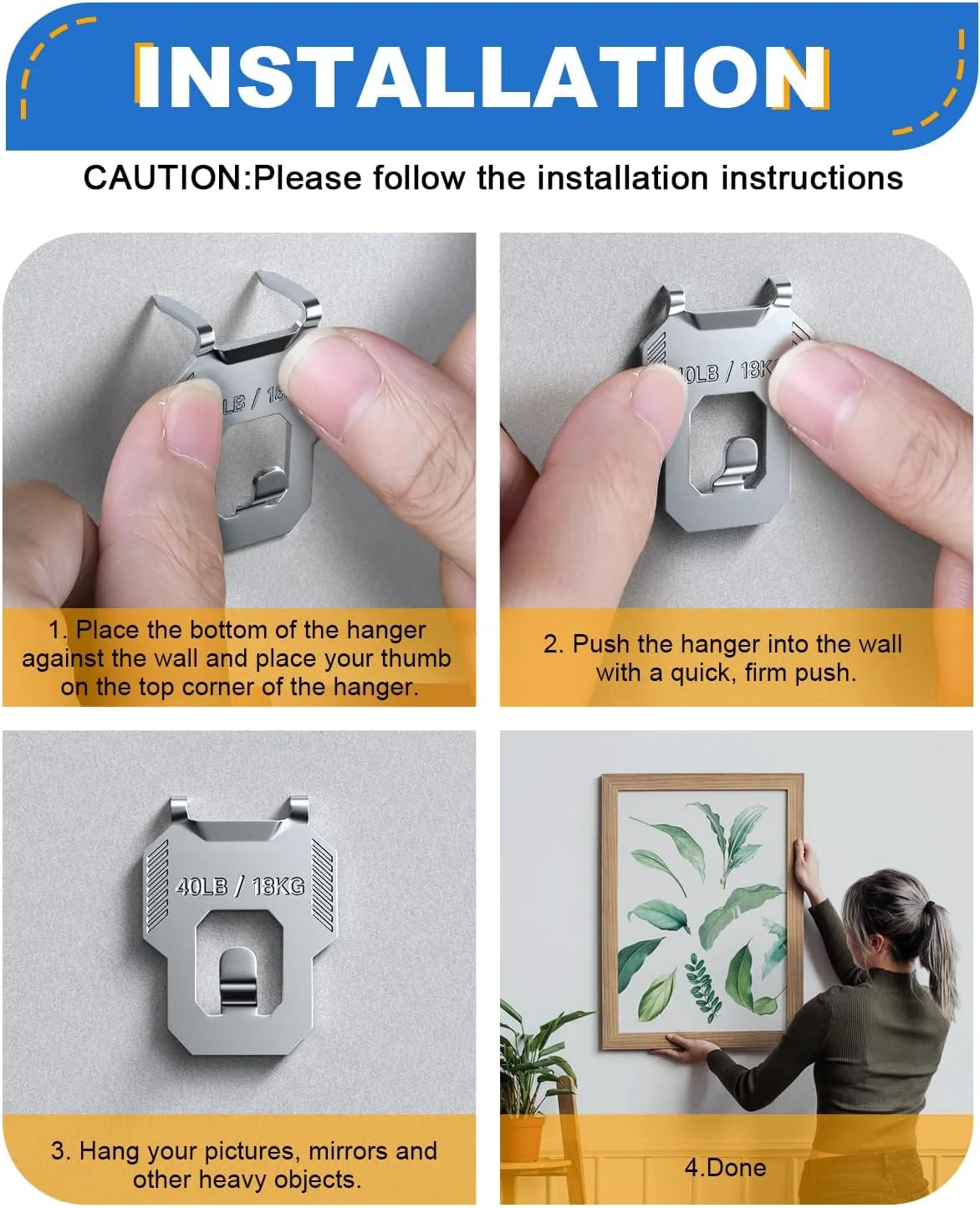 20-Pack Picture Hanging Kit – Heavy Duty Claw Drywall Hooks, No-Damage Wall Hangers Hold Up To 40 Lbs, Tool-Free For Mirrors, Posters, Artwork & Frames